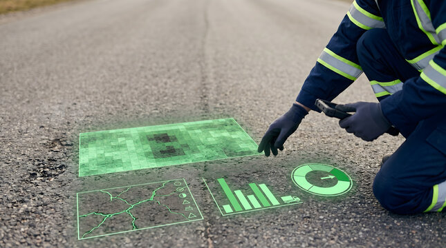 Civil engineer evaluating asphalt road condition through holographic pavement inspection and digital infrastructure analysis
