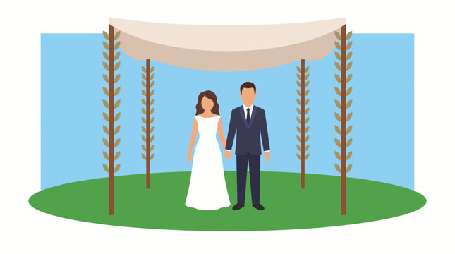 Couple Standing Beneath Wedding Chuppah Canopy Flat Style Vector Illustration