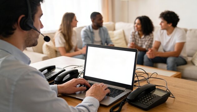 Agent configuring multiple phone lines on a laptop with a group of diverse roommates chatting casually behind softly out of focus.