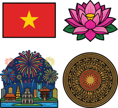 Set of Vietnam Traditional Cultural Symbols and National Landmarks Illustrated Icons