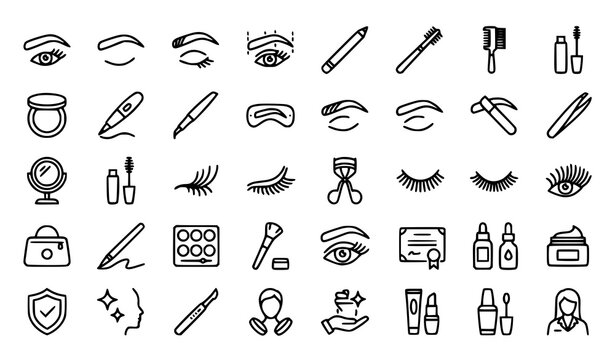 Eyebrow and Eyelash Beauty Line Icons Set with Permanent Makeup Microblading Mascara and Cosmetic Outline Symbols