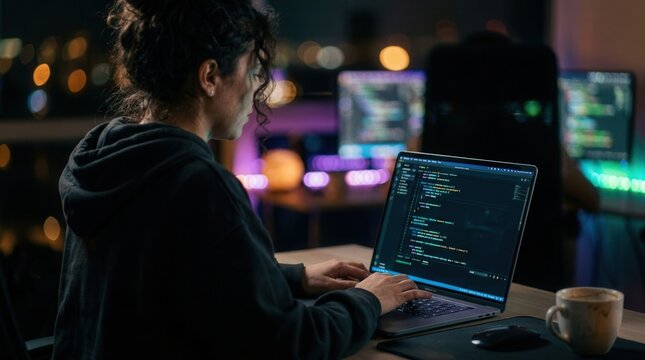 Hacker programming on laptop in dark room with bokeh lights