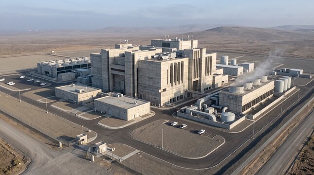 Aerial Brutalist Server Campus in Controlled Industrial Terrain