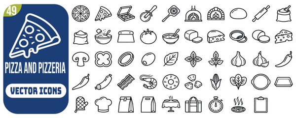 Fototapeta premium Pizza and pizzeria related vector icons isolated on transparent background. Editable stroke. Vector illustration.