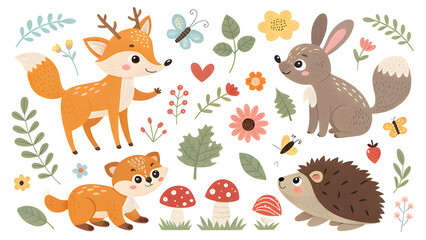 Fototapeta premium nursery animals, baby animals, woodland animals, woodland nursery, nursery clipart, baby fox, baby bear, baby bunny, baby deer, baby elephant, baby giraffe, baby lion, baby dinosaur, safari animals, f