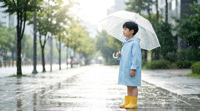비 오는 산책길에 서 있는 파란 우비 소년 / Boy Standing on Rainy Path in Blue Raincoat