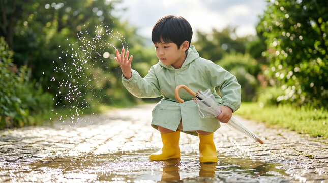 빗속에서 손을 흔드는 파란 우비 소년 / Boy in Blue Raincoat Waving in the Rain