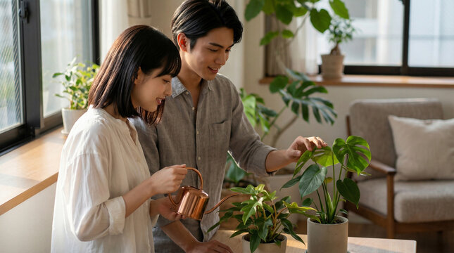 窓際で観葉植物に水やりをする日本人夫婦、丁寧な暮らし