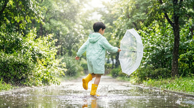 빗속에서 우산을 들고 뛰노는 남매 / Siblings Playing with Umbrella in the Rain