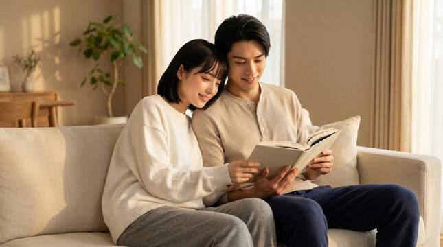 ソファで寄り添って本を読む日本人夫婦、仲良し読書タイム