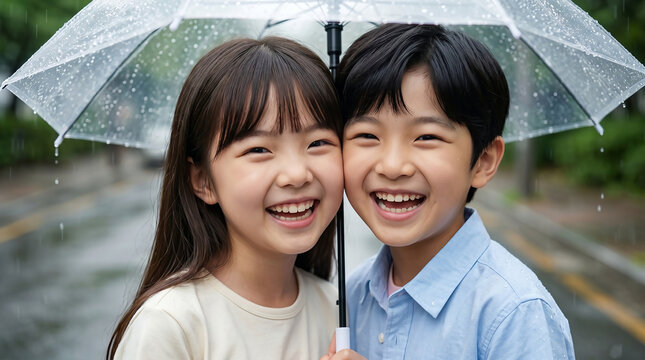 비 오는 날 활짝 웃는 남매 클로즈업 / Close-up of Smiling Siblings on Rainy Day