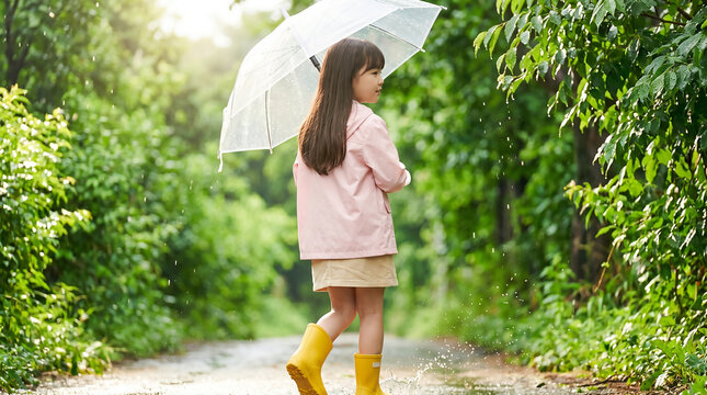 숲길에서 하얀 우산을 든 여자아이 / Girl Holding White Umbrella on Rainy Forest Path