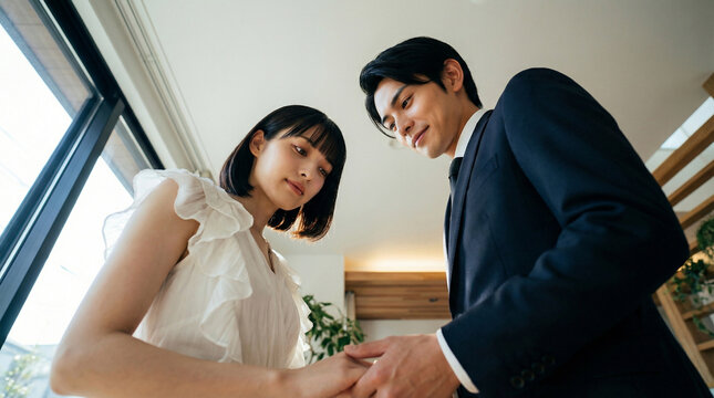 手を取り合う日本人カップルのローアングル、プロポーズや誓いのシーン