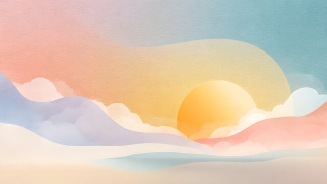 Sunrise illuminates a soft pastel landscape of rolling hills and gentle clouds in a tranquil atmosphere.