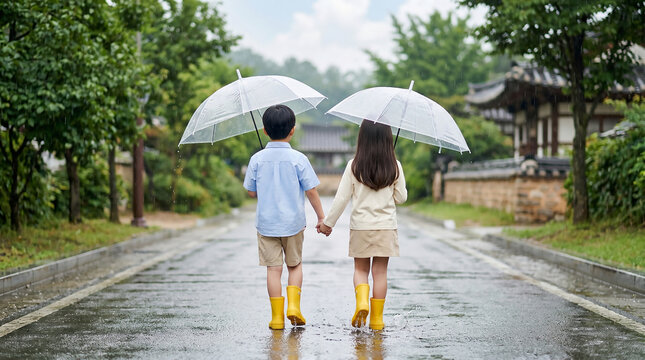 우산을 쓰고 빗속을 걷는 남매의 뒷모습 / Siblings Walking in Rain with Umbrellas from Behind
