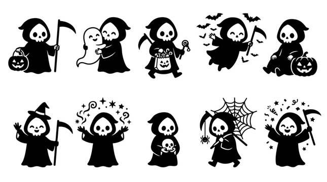 Black silhouette cute grim reaper characters. kawaii Grim Reaper cartoon character silhouettes, Halloween concept, vector illustration