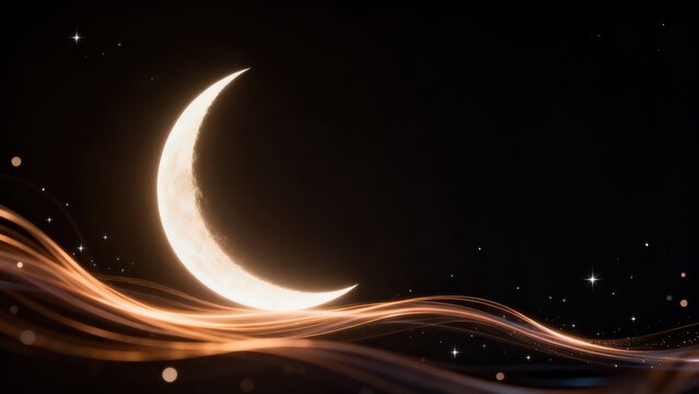 Crescent moon with glowing waves