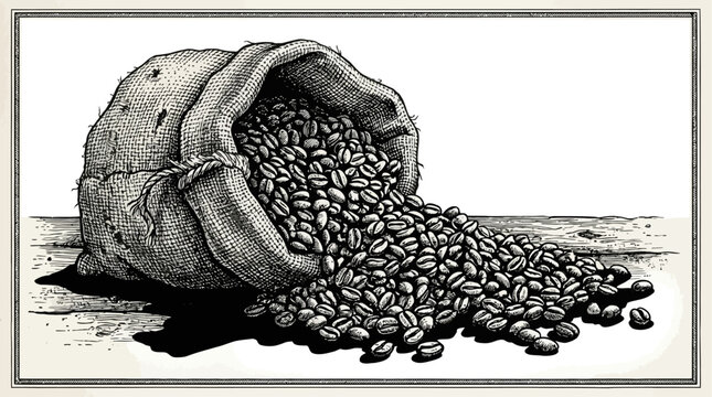Retro hand-drawn illustration of roasted coffee beans spilling from a burlap sack onto a rustic wooden surface, ideal for cafe menus.
