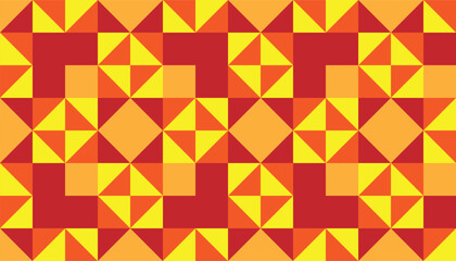Fototapeta premium Seamless pattern background with geometric abstract squares and triangles in a warm, vibrant palette of red, orange, and yellow.