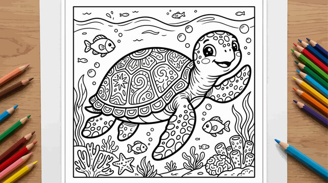 Cute Sea Turtle Coloring Page with Intricate Mandala Shell Design, Underwater Scene with Fish, Coral, and Marine Life