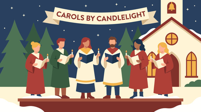 Choir Singing Christmas Carols by Candlelight Flat Style Vector Illustration
