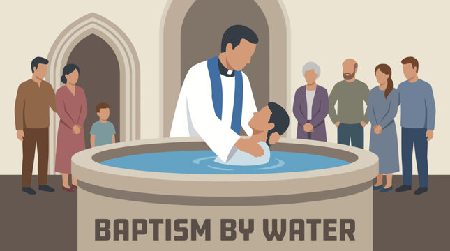 Priest Performing Baptism by Water Immersion Flat Style Vector Illustration