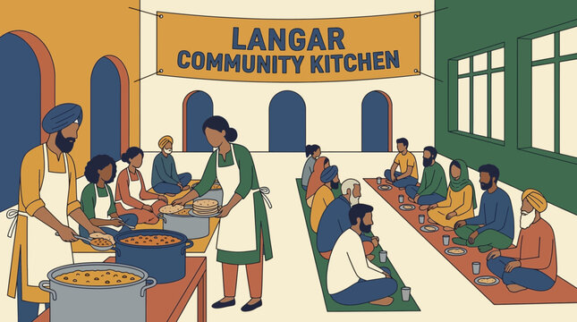 Volunteers Serving Food at Langar Community Kitchen Flat Style Vector Illustration