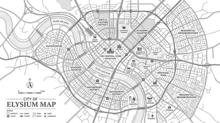 Obraz premium Elysium City Map: Detailed Urban Planning, Futuristic Metropolis Blueprint