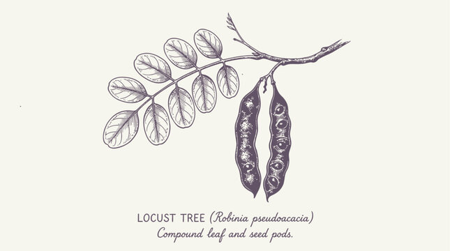 Detailed vintage botanical illustration of a Black Locust tree (Robinia pseudoacacia) branch with compound leaves and seed pods, hand-drawn