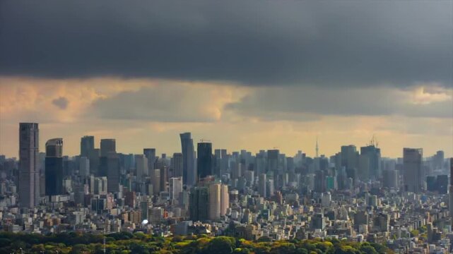 Storm clouds forming city skyline view above dense downtown towers, gray weather front and urban horizon for climate risk, air pollution, city planning, disaster warning, and environmental media