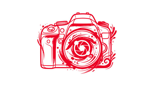 Red Camera Silhouette with Swirling Lens Aperture, Artistic Photography Concept
