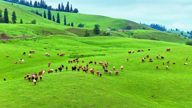 Flock of sheep grazing on lush green rolling hills of grassland in Xinjiang, China.