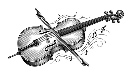 Vintage Cello with Bow and Musical Notes Illustration © meja