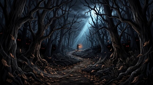 Dark spooky forest path at night with a person holding lantern and glowing red eyes illustration