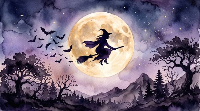 Witch flying on a broomstick silhouette across a giant full moon watercolor illustration