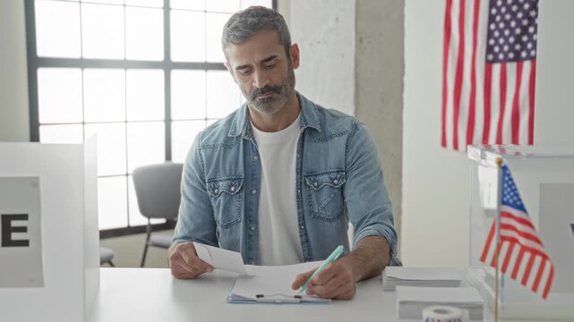 Man signs on clipboard and places ballot into clear ballot box at a polling table in a public building; determination civic duty.