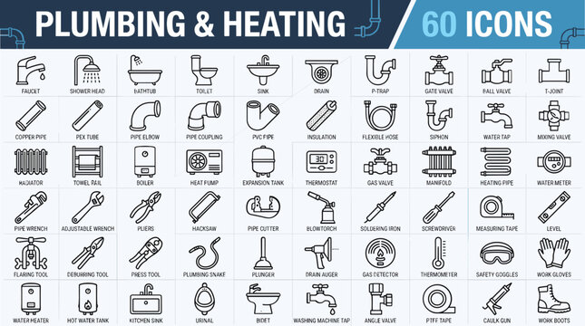 Plumbing and heating icon set, 60 linear vector icons for sanitary engineering, professional HVAC and water system maintenance symbols for web design