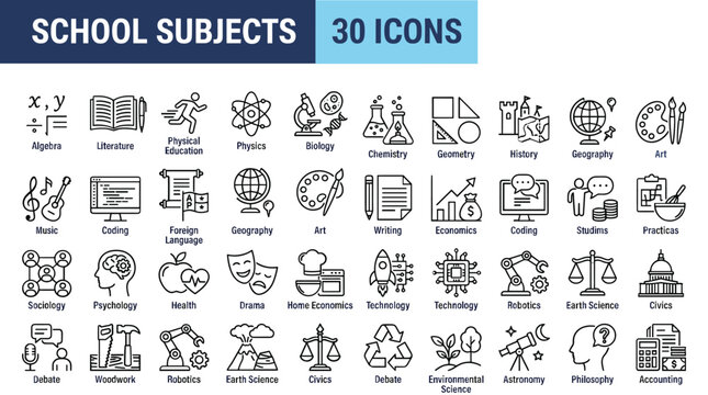 School subjects icon set, 30 education line icons for academic curriculum, black thin stroke vector symbols for university and college learning