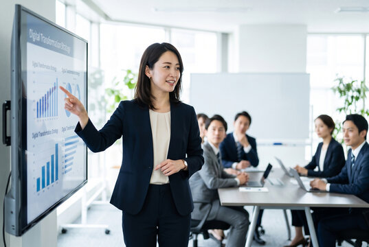 会議室でプレゼンテーションをする女性ビジネスパーソン Generative AI