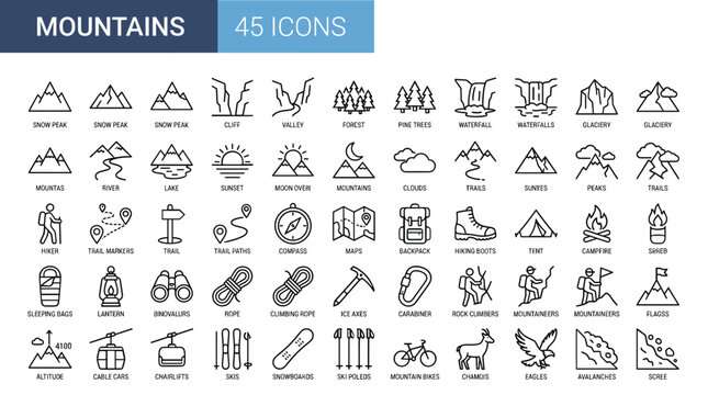 Mountain line icons set, 45 outdoor adventure and hiking vector symbols, minimalist nature and climbing equipment graphics for travel apps