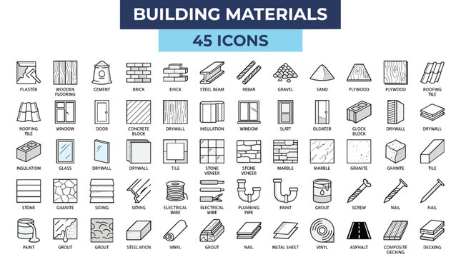 Building materials icon set, 45 construction industry line icons, architectural hardware and renovation supplies vector collection