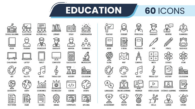 Education line icons set, 60 school and university vector symbols, academic learning and teaching outline icons for web and mobile apps