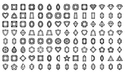 Fototapeta premium Luxury Geometric Diamond Icons Collection with Various Gemstone Cuts Faceted Crystal Shapes and Premium Jewelry Vector Set