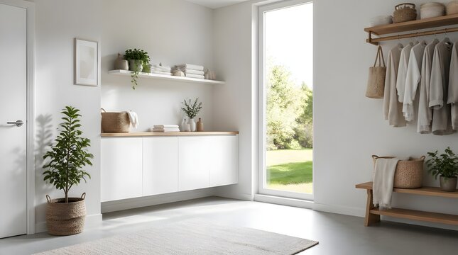 Modern bright laundry room interior with white cabinets and garden view.