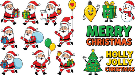 Fototapeta premium PrintChristmas Santa Claus Clipart Set with Cute Characters, Merry Christmas and Holly Jolly Text