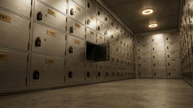 Rows of secure metal bank vault storage lockers with combination locks