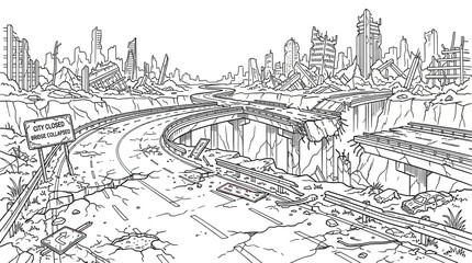 Fototapeta premium Destroyed Cityscape with Collapsed Highway and Ruined Buildings, Post-Apocalyptic Scene