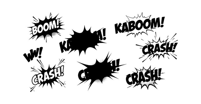 Set of black comic book speech bubbles with sound effects like boom kaboom and crash for action scenes and graphic design isolated on transparent background, Vector