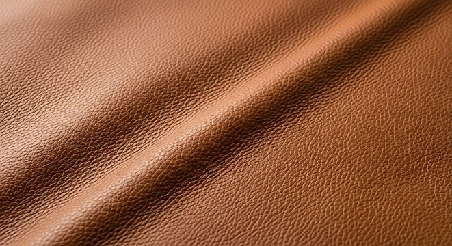 A close up view of a rich brown leather texture showing natural grain patterns and soft folds in the with warm light and shadows