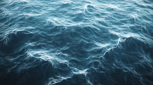 Aerial close-up of dynamic deep blue ocean waves. Turbulent sea water with ripples and foam creating a powerful natural texture background.